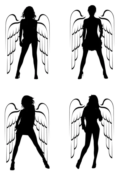 Silhouette Winged Girls Angels. — Stock Vector