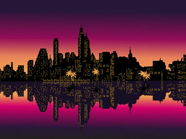 Specchio viola notte città palme . — Vettoriale Stock