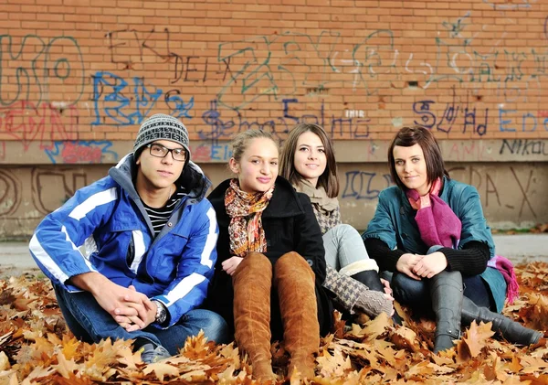 Groep van vrienden in park samen — Stockfoto