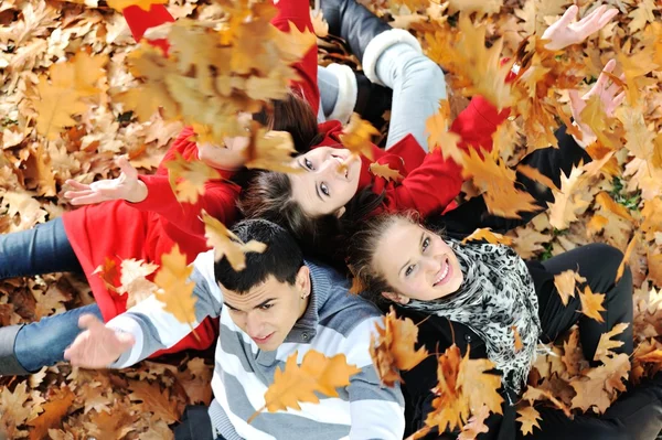 Felice gruppo di giovani amici insieme nel parco autunnale — Foto Stock