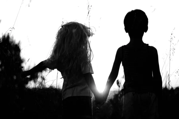Kleine jongen en meisje bij zonsondergang op weide — Stockfoto