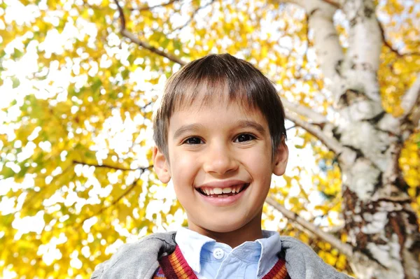 Счастливый ребенок на портрете в осеннем парке — стоковое фото