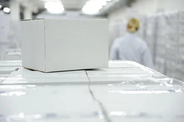 Paquete de caja blanca en el almacén listo para su mensaje o logotipo —  Fotos de Stock