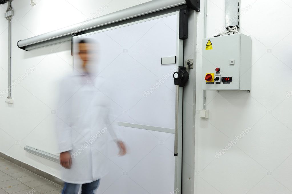 Young worker opening door of industrial refrigerator, speed motion