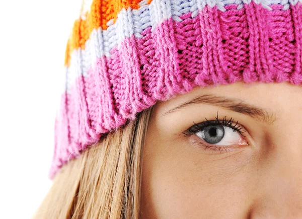 Closeup eye van gelukkig winter mooi meisje — Stockfoto