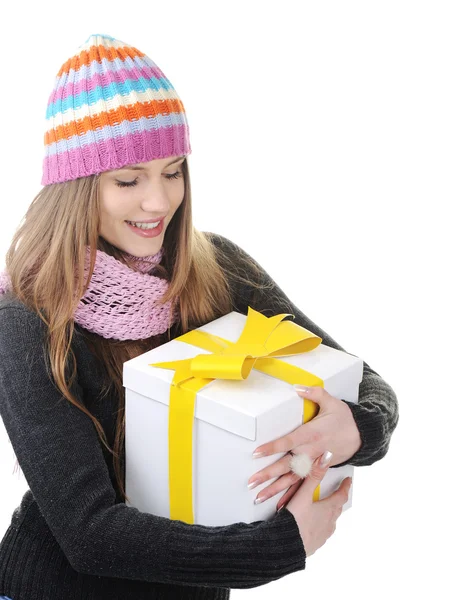 Winter girl with present box, gift — Stock Photo, Image