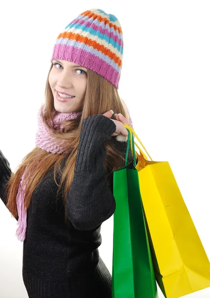 Güzel kış kız alışveriş torbaları ile — Stok fotoğraf