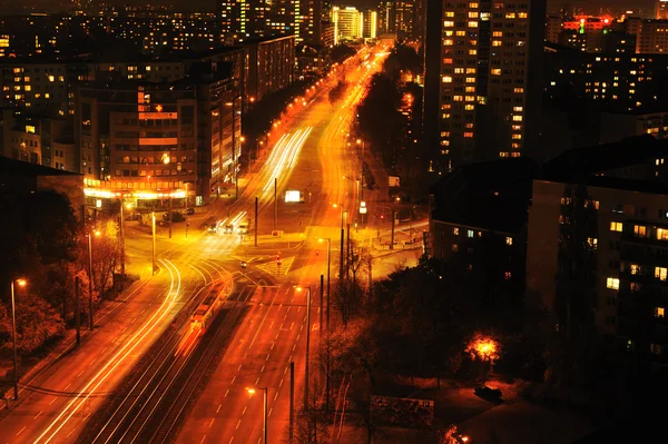 Modern Urban City at Night with Freeway Traffic — Stock Photo, Image