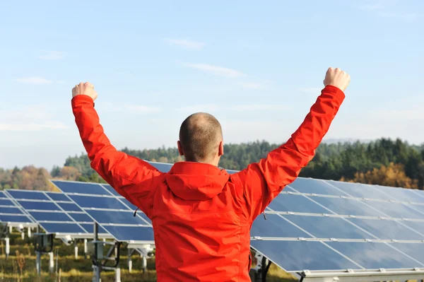 Framgång, ingenjör i solpanel fält med armar upp — Stockfoto