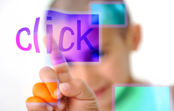 Klick en la pantalla, niño presionando botón digital —  Fotos de Stock