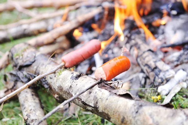 Piknik v přírodě, příprava klobása — Stock fotografie