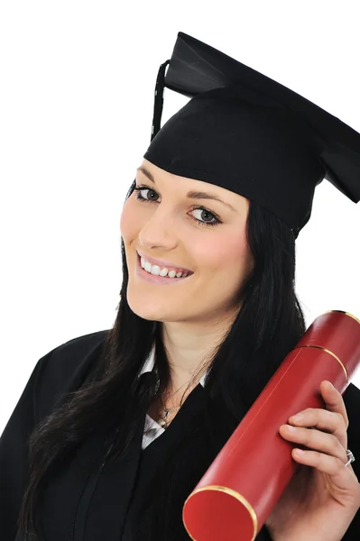 Studentessa in abito accademico, laurea e diploma — Foto Stock