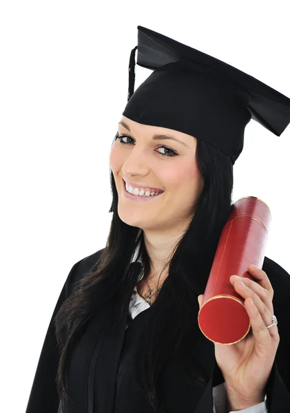 Studentessa in abito accademico, laurea e diploma — Foto Stock