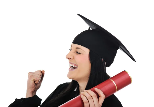 Студентка в академическом платье, выпускной и диплом — стоковое фото