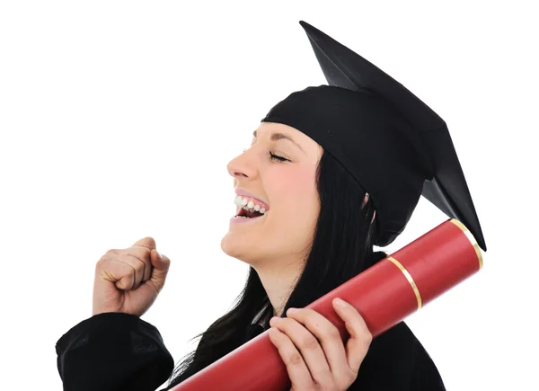 Studentessa in abito accademico, laurea e diploma — Foto Stock