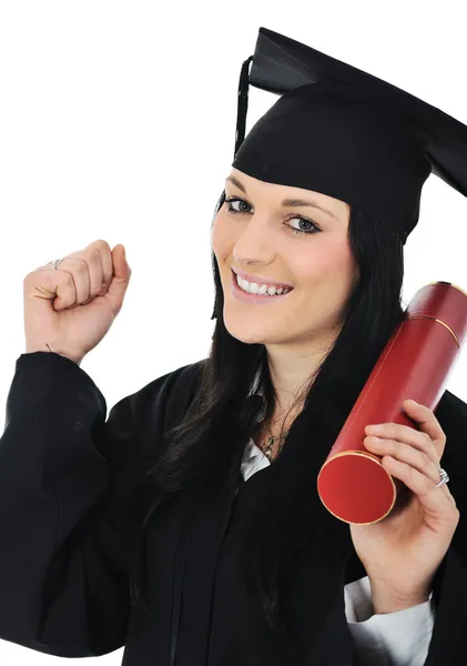 Studentessa in abito accademico, laurea e diploma — Foto Stock