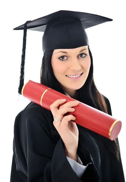 Studentessa in abito accademico, laurea e diploma — Foto Stock
