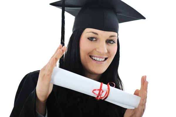 Chica estudiante en un vestido académico, graduación y diploma — Foto de Stock