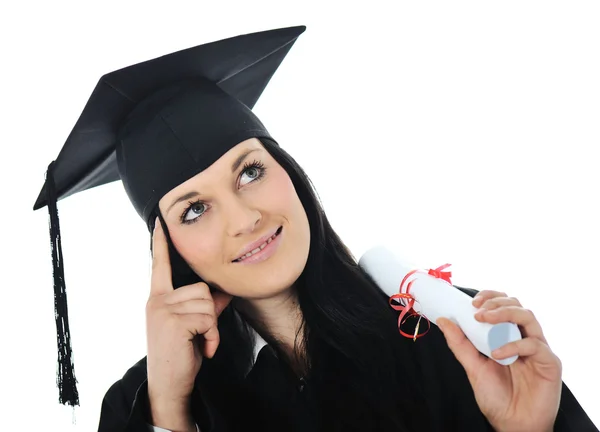 Graduate girl student in gown with diploma — Stock Photo, Image