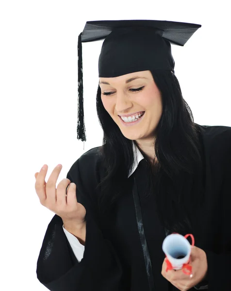 Graduado chica estudiante en vestido con diploma —  Fotos de Stock