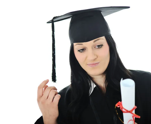 Graduate girl student in gown with diploma — Stock Photo, Image