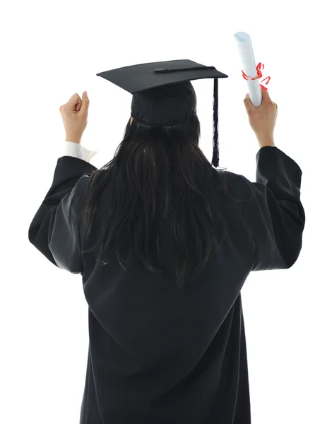 Graduate girl student in gown with diploma — Stock Photo, Image