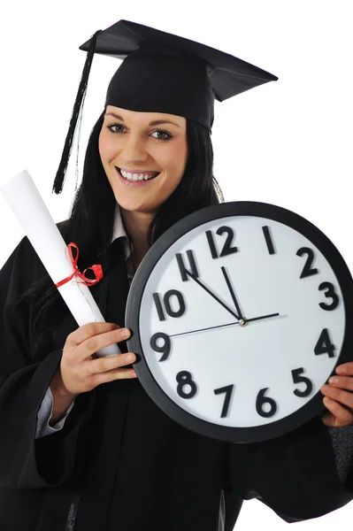 卒業証書と時計のガウンに大学院の女子生徒 — ストック写真