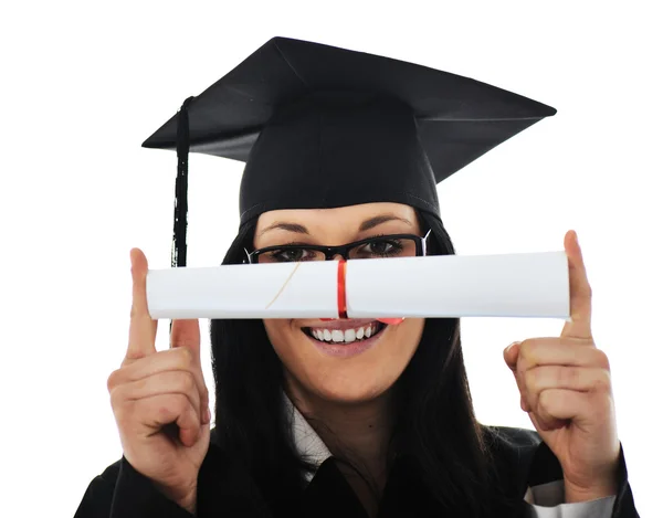 Laureata studentessa in abito con diploma — Foto Stock