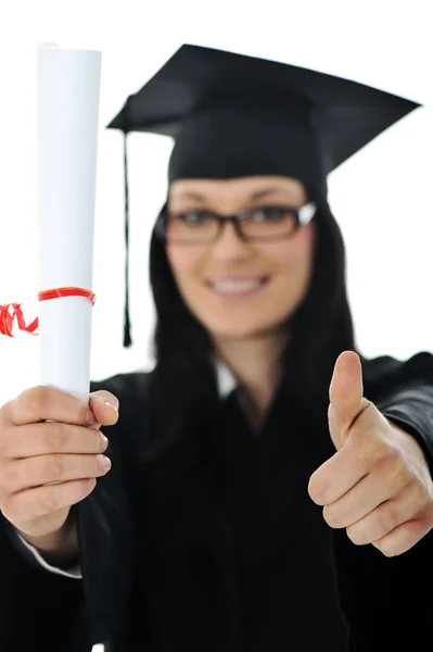 Graduate girl student in gown with diploma — Stock Photo, Image