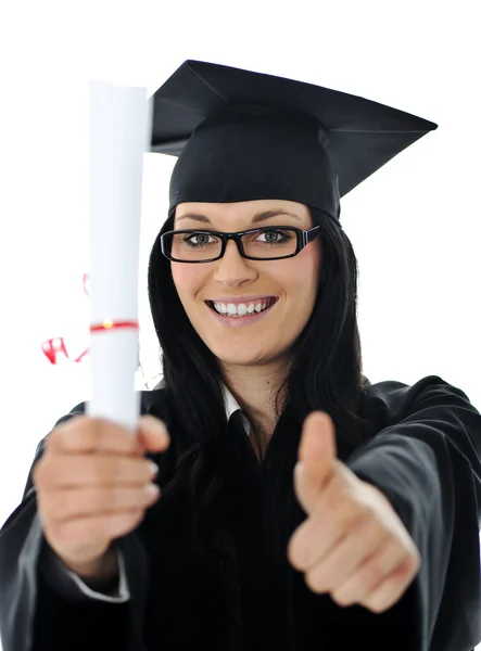 Afgestudeerde meisje student in jurk met diploma — Stockfoto