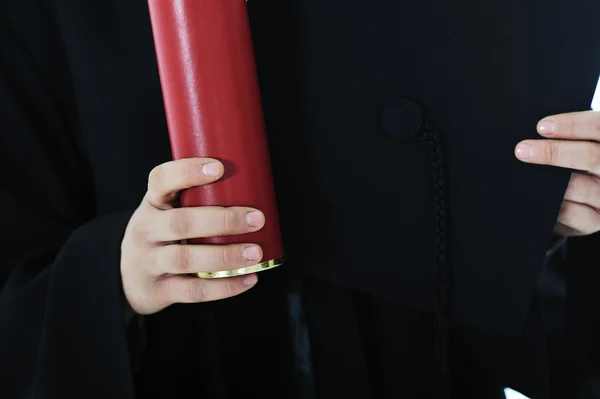 Graduate girl student in gown with diploma — Stock Photo, Image