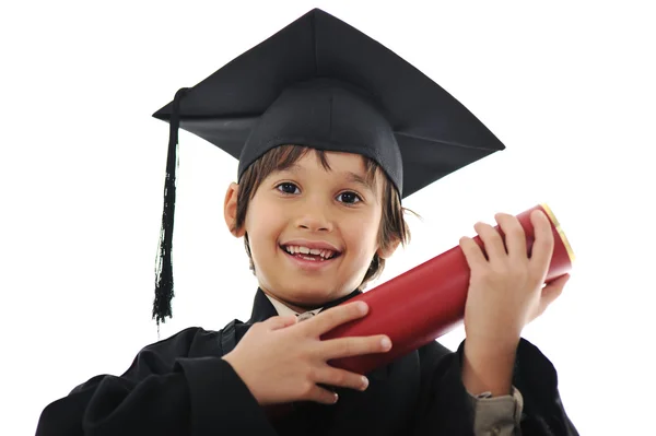 Diploma di laurea piccolo studente bambino, scuola elementare di successo — Foto Stock