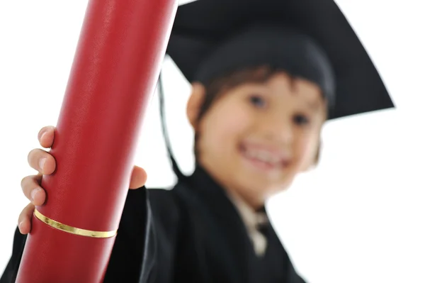 Diploma di laurea piccolo studente bambino, scuola elementare di successo — Foto Stock