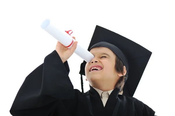 Diploma di laurea piccolo studente bambino, scuola elementare di successo — Foto Stock