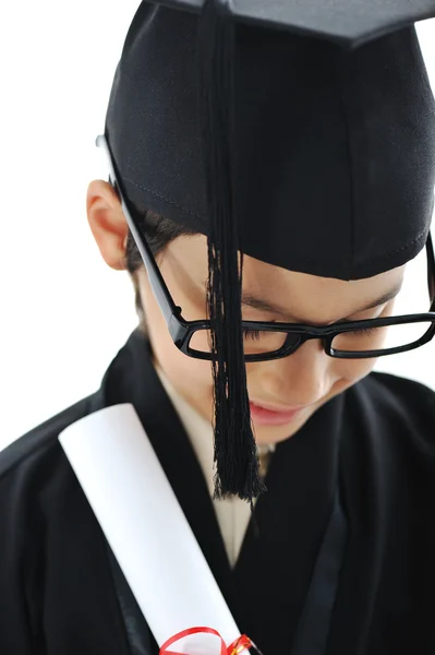 Examensbevis examen liten elev barn, framgångsrik grundskola — Stockfoto