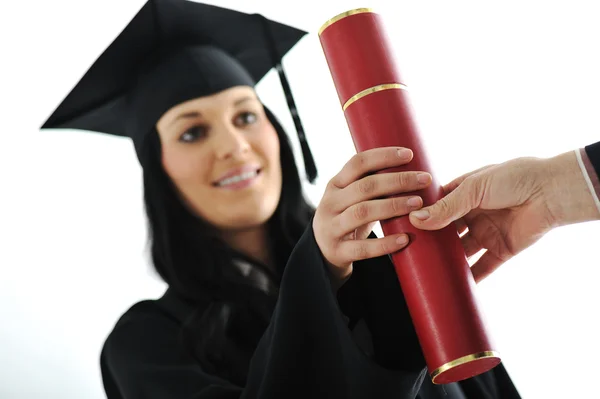 Студент випускника в сукні отримує диплом Ліцензійні Стокові Зображення