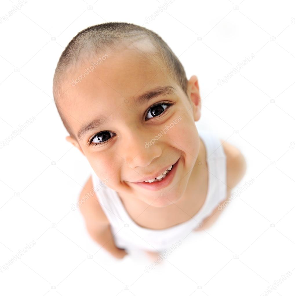 Cute boy with short hair, isolated, different angle — Stock Photo