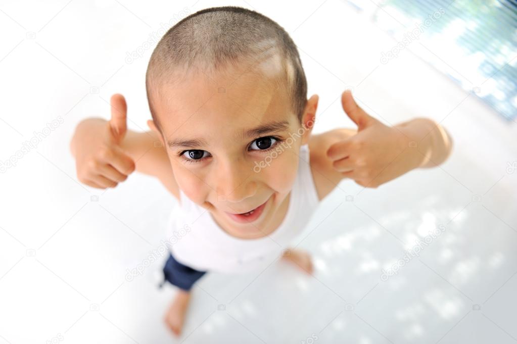 Thumbs Up Little Boy Cute Short Hair Almost Bald Stock