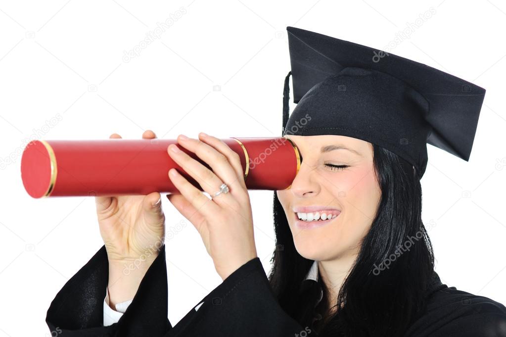 Student girl in an academic gown, graduating and diploma