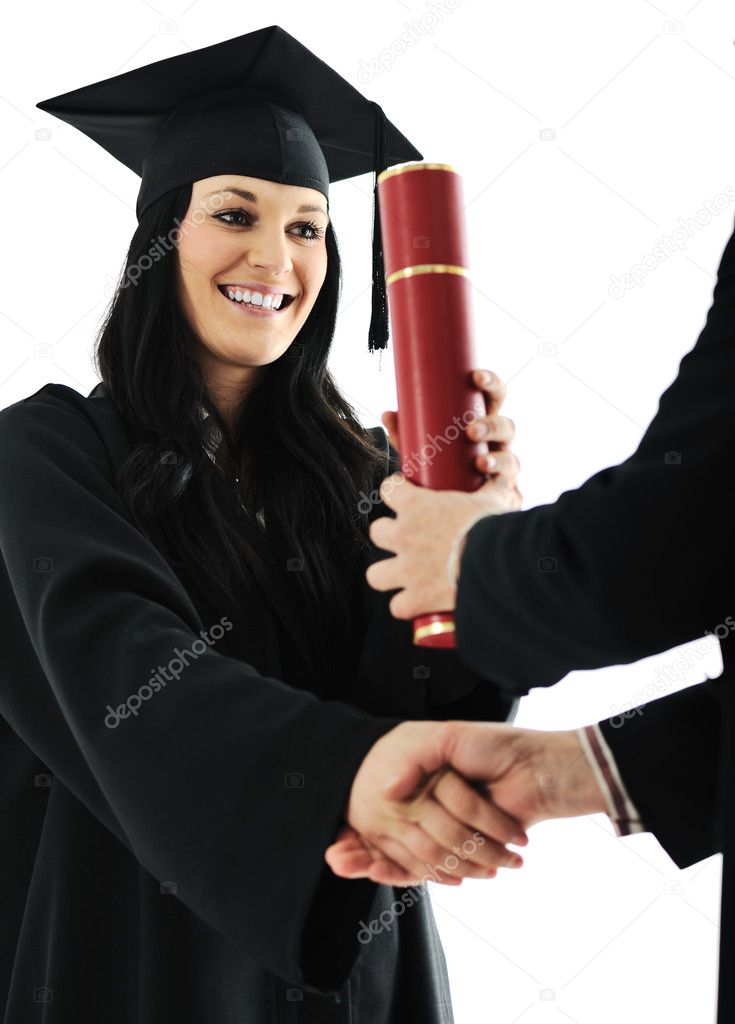 Graduate girl student in gown receiving diploma