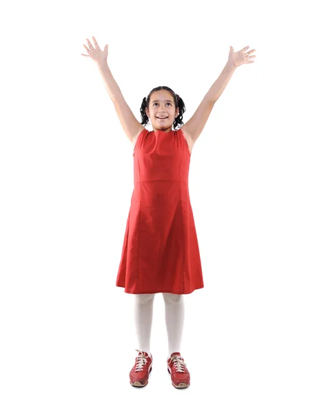 Bedårande preteen school girl bär röd klänning isolerade, poserar — Stockfoto