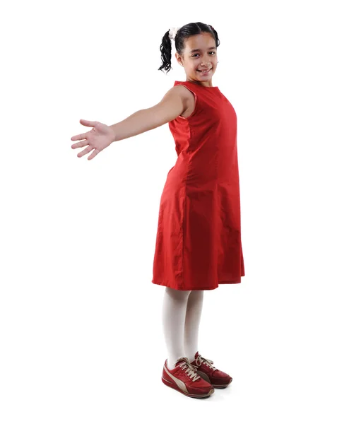 Adorável preteen escola menina vestindo vestido vermelho isolado, posando — Fotografia de Stock