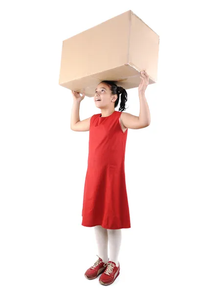 Little girl gazdaság egy doboz, elszigetelt — Stock Fotó