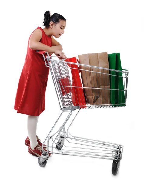 Malá dívka nakupující v červených šatech s nákupní košík — Stock fotografie