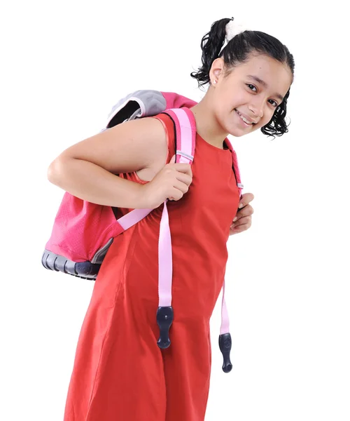 Schattig preteen school meisje dragen rode jurk geïsoleerde, poseren — Stockfoto