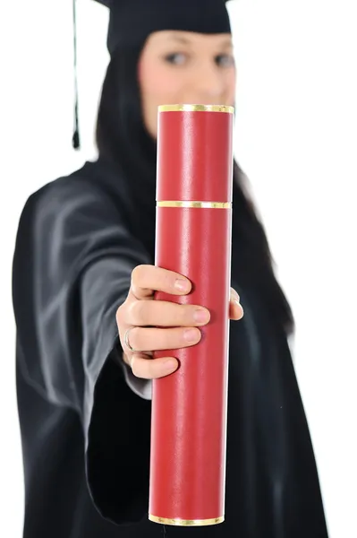 Chica estudiante en un vestido académico, graduación y diploma — Foto de Stock