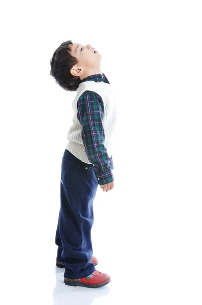 Małe dziecko pozytywny z ładne ubrania, na białym tle — Zdjęcie stockowe