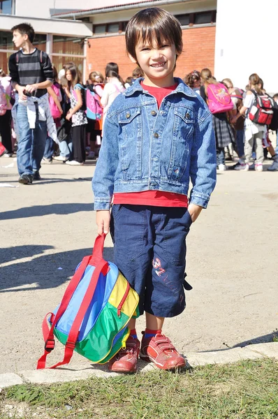 De gelukkige kinderen voor de school, outdoor, zomer te vallen — Stockfoto