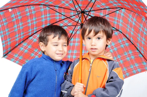 很可爱的小男孩在秋季衣服和伞隔离与 免版税图库照片