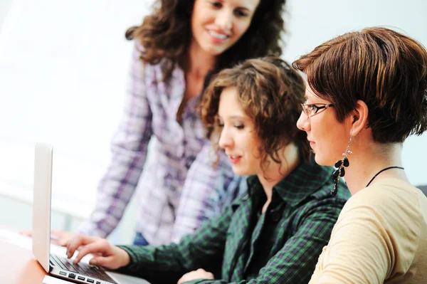 Group of young happy looking into laptop working on it Royalty Free Stock Images